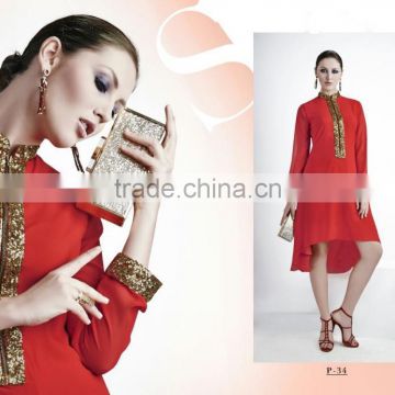 Red color with Gold flakes neck and hands design Vogue Designer Kurtis