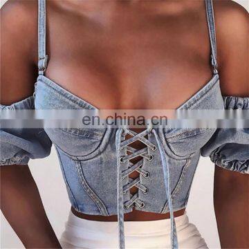 Fashion Women  Sexy ins Denim Plain Sleeveless Crop Tops