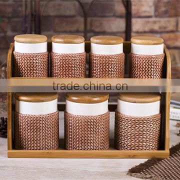 Manufacturer Type Ceramic Brown 7 PCs Canisters with Bamboo Lid and Stand