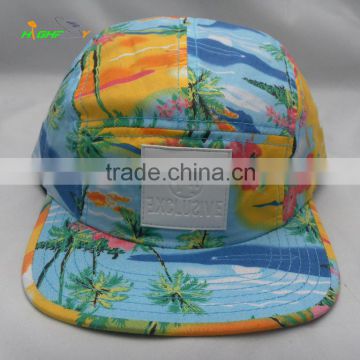 Summer hawaii palm tree floral pattern custom 5 panel camper cap with leather patch