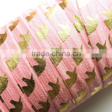 5/8" Fold Over Elastic Gold Unicorn on Carnation Pink Pattern Metallic Printed elastic band for underwear trousers