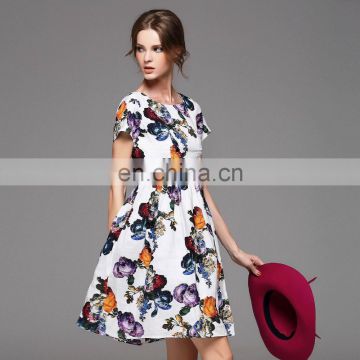 Ladies high quality short sleeve trendy dress with gathtering waist pretty print dress fashion