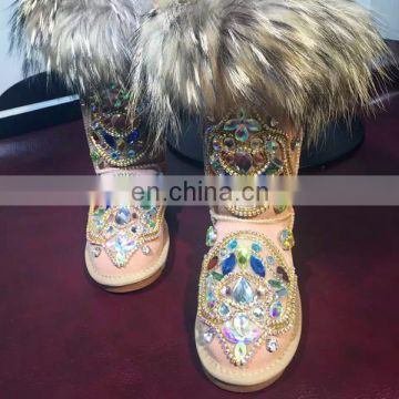 Aidocrystal 2016 fashion Colorful AB Rhinestone Crystal Studded faux fur collar kids adult women bling snow boots big size 43