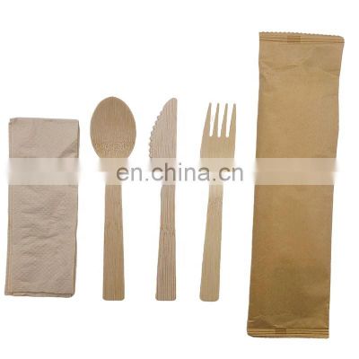 Disposable Biodegradable Bamboo Knife Fork Spoon Cutlery Set with Kraft Paper Bag can Print Customized Logo