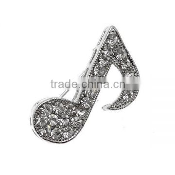 Wholesale Sivler Tone 3*2.3cm Clear Crystal Small Music Note Brooch