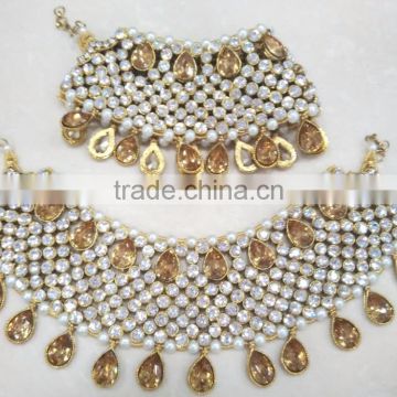 Gold Silver 2 tone crystal broad payal ANKLETS pair feet bracelet