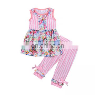 High quality pink strip floral dress & stripe ruffles pants summer baby clothes newborn set