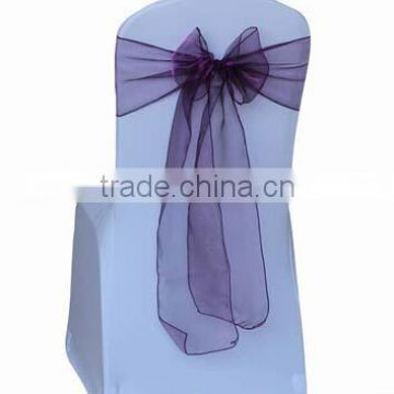 cheap spandex chair cover with dark purple self-tie organza chair sash