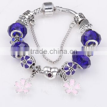 2016 Crystal Bead Bracelet with Dark Blue Glass Beads and Flower Dangles