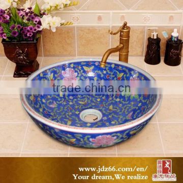 Peony flower design chinese ceramic bathroom wash basin 2015 Jing de zhen