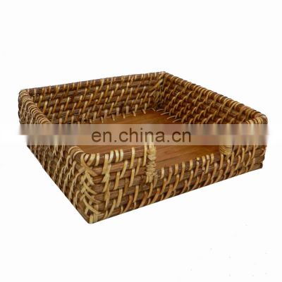 Square rattan napkin holder with wooden bottom Cheap Wholesale Tableware wicker napkin basket wovenmade in Vietnam