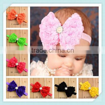 Fashion Baby Shabby chiffon rose flower hair bow ribbon headband New design large bowknot rhinestone