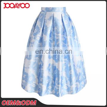 Custom Service Women Blue Blossoming Floral Printed A-line Midi Skirt
