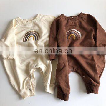 2020 autumn New babys beige brown rainbow embroidery romper