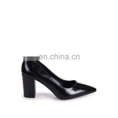 Ladies new fashionable block heel pumps design shoes women black shiny pointed toe sandals