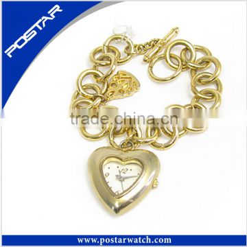 Golden Heart Shaped Watch Bracelet Pocket Watch for Ladies