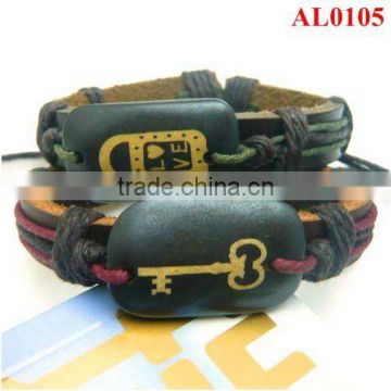 Fashion Couple Key patterns ox bone bracelet handmade with wax cords and hemps AL0105