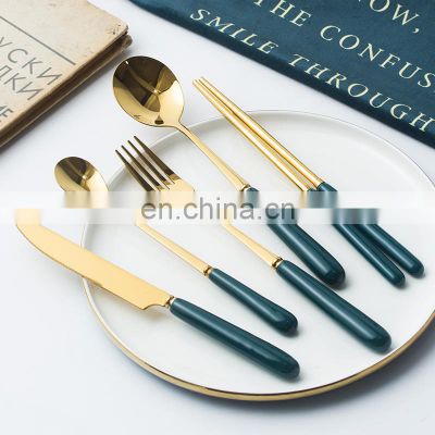 Dining Plastic Handle 5 Pieces Package Stainless Steel Cutlery Set Luxury Gold Flatware Wedding