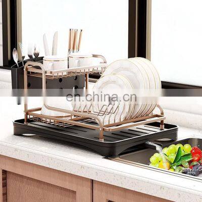 2 Tiers Aluminum Drying Dish Rack and Drain Board with Utensil Holder Dish Drying Rack Aluminium Dish Drying Rack