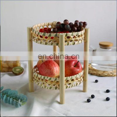 Hand woven storage basket round bamboo basket with wooden leg Double layer platter tray