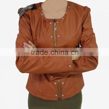 0805060-1 China Wholesale Fashion Design PU Leather Brown Jacket Women Hot Selling Jacket for Ladies in 2014