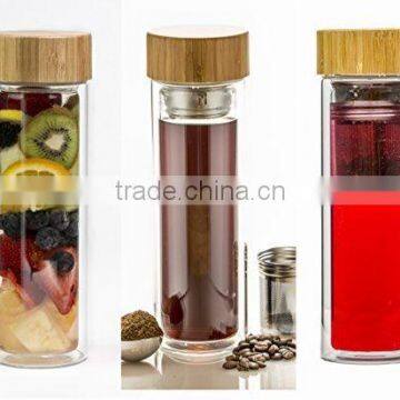 Mochic Hot sale Promotional custom double wall glass tea infuser water bottle BPA free with bamboo lid & filter