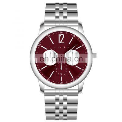 Day date water resistant high quality 3 eyes dress fashion men slim minimalistic silver watch