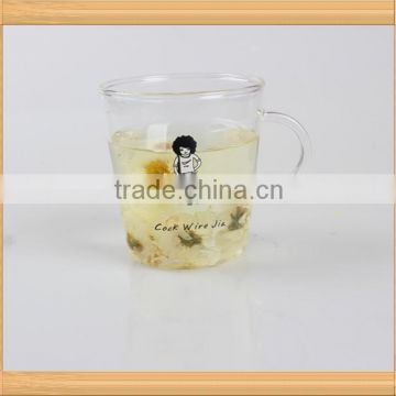 2015 Hot Sale China Manufacturer Round Decaling Pattern High Quality Single Wall Glass Coffee Cup With Handle