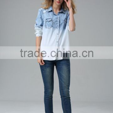 New arrival high quality Instyles top selling products Women jean shirts wholesale Gradual Blue denim Long Sleeve Blouse