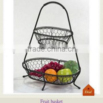 2 Tier iron wire oval mesh basket with handle