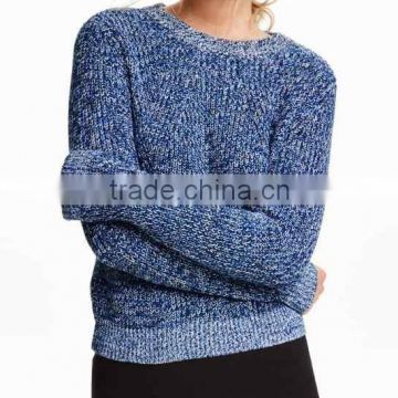 Ladies' round neck long sleeve fancy pullover all-over half cardigan knitted sweater with bottom fringes