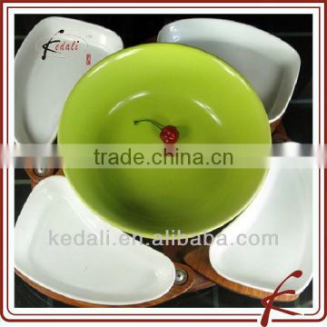 colorful ceramic dish with wooden tray- appetizer tray