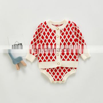 ins autumn baby suit female baby western-style plaid knitted jacket strap romper romper two-piece suit single shot