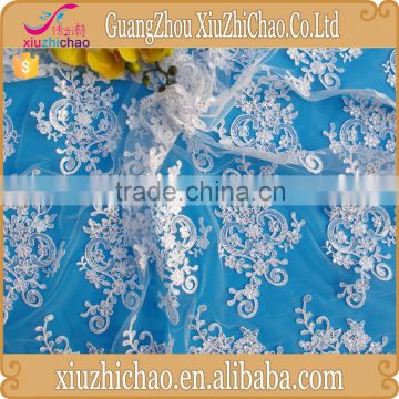 ZP0016-M Polyester White Wedding Dress Beaded Lace Fabric Nylon Mesh