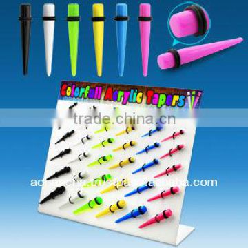 Display with 36 pcs. of colorful solid acrylic colored tapers with double rubber O-ring - size 8g to 00g (3mm - 10mm)