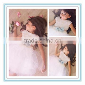 Latest Ball Gown Cap Sleeves White Tulle Layers Knee Length Custom Made Flower Girl Dresses 2015(DMTU-FG11)