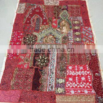 Tribal Ethnic Vintage sari patchwork Indian tapestry beads sequins embroidery table runner bed cover