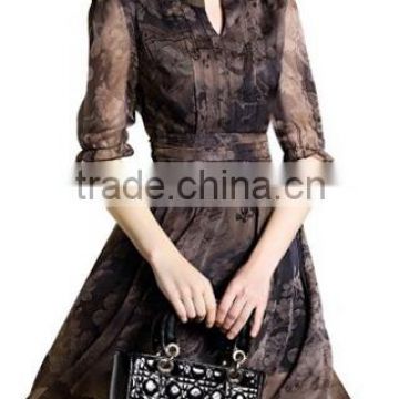 Women's V-Neck Vintage Flower Printed A-Line Casual Chiffon Dress
