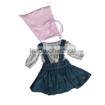 Floral top clothes long sleeve shirt match dark green suspender skirt and hat 3pcs for children