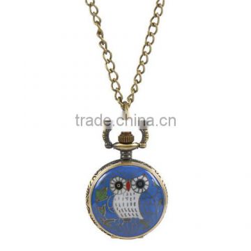 Round Antique Bronze Owl Pattern Halloween Enamel Blue Battery Included Pocket Watches 85cm