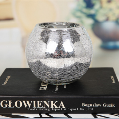 Round Silver Plated Cracked Finish Glass Decorative Flower Bowl Vase For Home Decoration