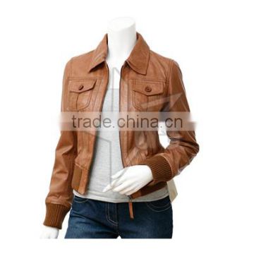 New Design Good quality Woman brown Leather Jacket