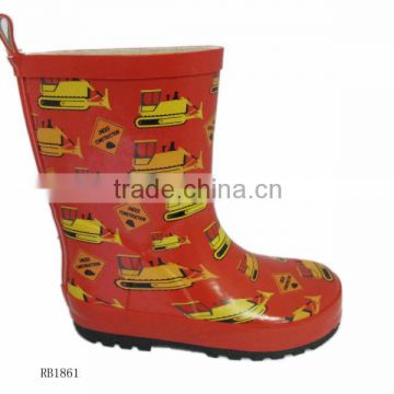 2013 kids' hot red rubber rain boots with yellow pattern