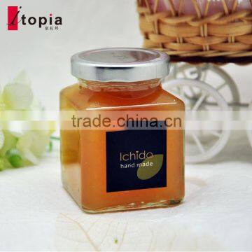 Rectangular glass jam jar glass bottle with golden or silvery lid