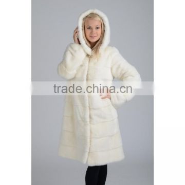 emk1455 100% real white mink fur coat with hood