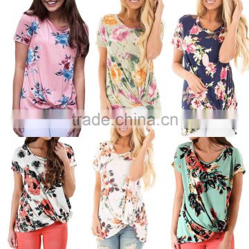 Custom Plus Size USA Women's Floral Print Boutique Summer Casual Short Sleeves Front Side Knot T-Shirts Tops