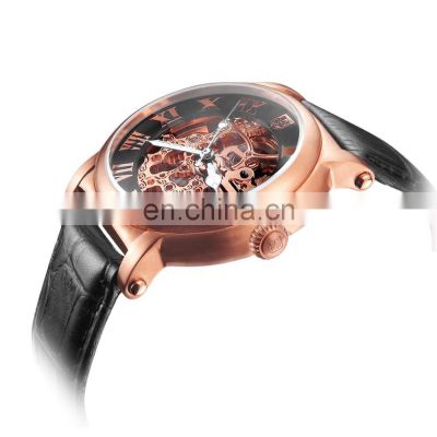 Luxury Brand Rose Gold Color Watch Luminous Hand Black Genuine Leather Classic Automatic Movement Men watch skeleton
