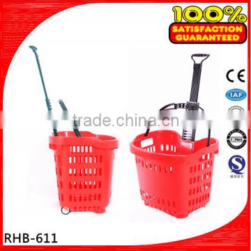 Competitive Supermarket Rolling Plastic Shopping Basket With Wheels