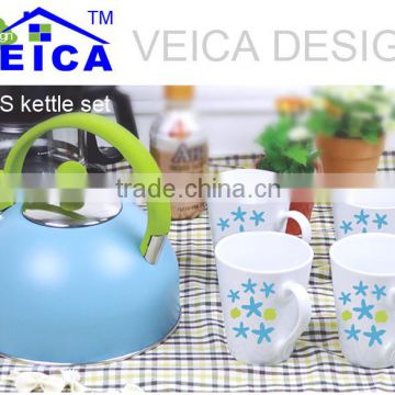 5pcs fancy blue whistling kettle set tea cups light blue coffee mugs with star design