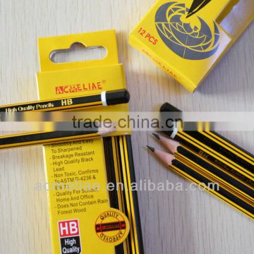 7" standard size hexagonal shape black and yellow striped graphite HB pencil sharpened with dipped end
